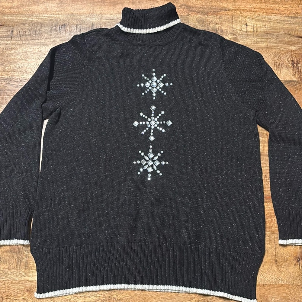 Quacker Factory Black Snowflake Turtleneck Sweate… - image 1
